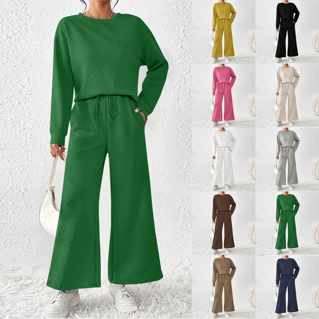 Women's Solid Color Temperament Casual Loose Textured Drawstring Elastic Waist Sports Suit