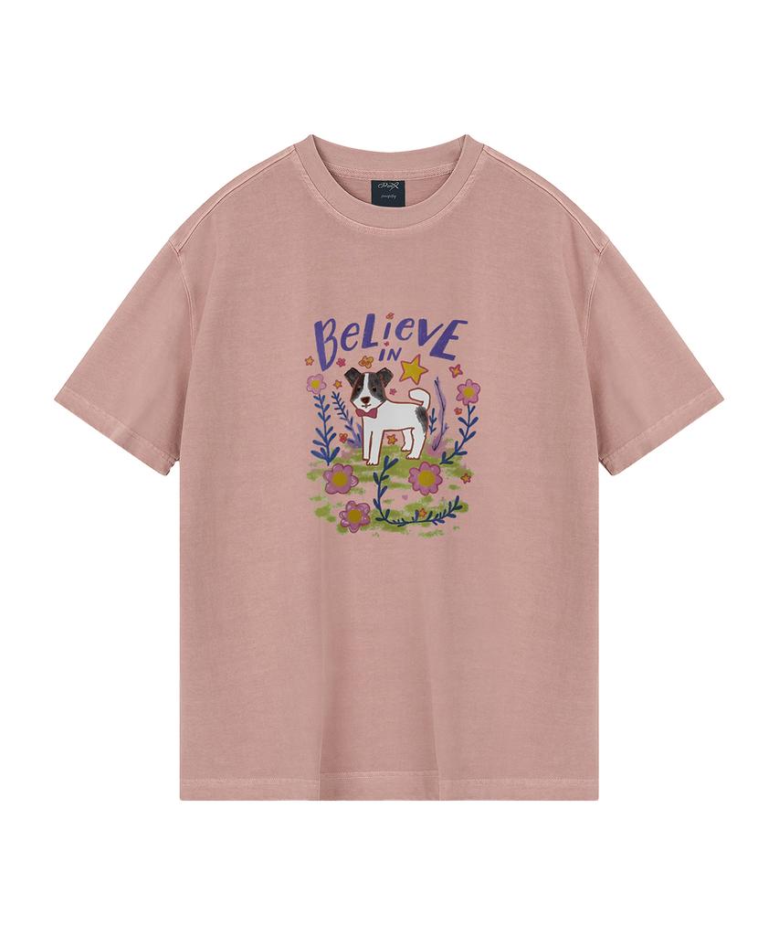 WILDROCK Flower Garden Puppy Pigment Oversized Short Sleeve T-Shirt (Cropped) (Type A)