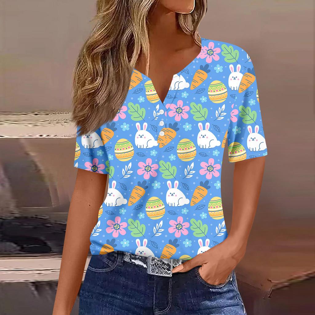 Women's Casual Print V-Neck Short Sleeve Decorative Button T-Shirt Top