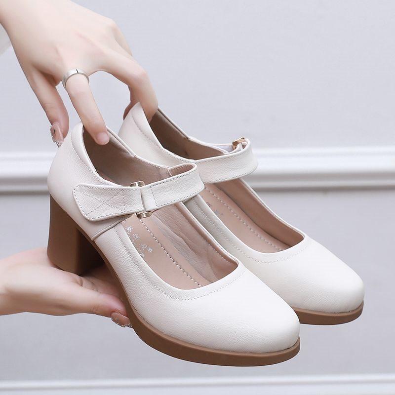 Medium Heel Cheongsam Catwalk Shoes Round Head Thick Heel Women's Professional Work Shoes Beef Tendon Sole Single Shoes Mother