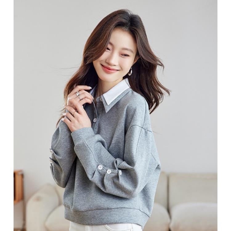 Осенние женские серые топы свободного кроя с длинным рукавом и контрастным воротником, колледж-мода