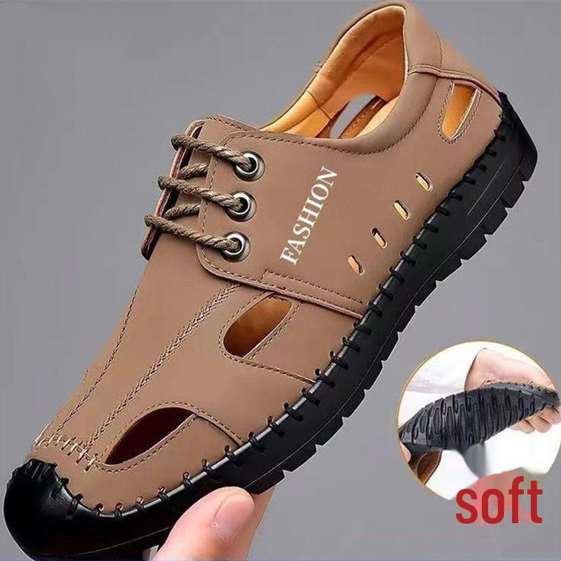 Мужские дышащие летние кожаные сандалии 2024 года — повседневный дизайн с полыми вставками