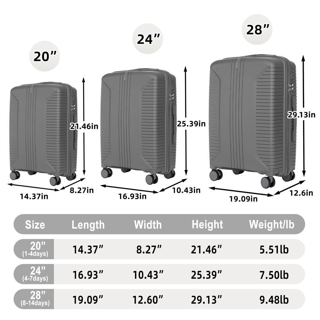 20"/24"/28" 3-Piece PP Spinner Luggage Set – Sizes with Side Handles, Hanging Hooks & Protective Feet – Integrated Combination Lock (Silver)