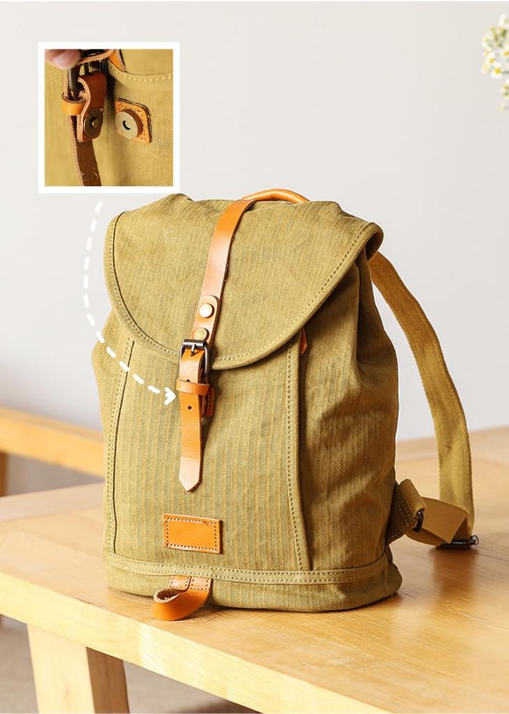 IOKI HAPU Canvas and Genuine Leather Backpack with Back Water Rucksack Pocket, Repellent, Mother's Bag, (green)