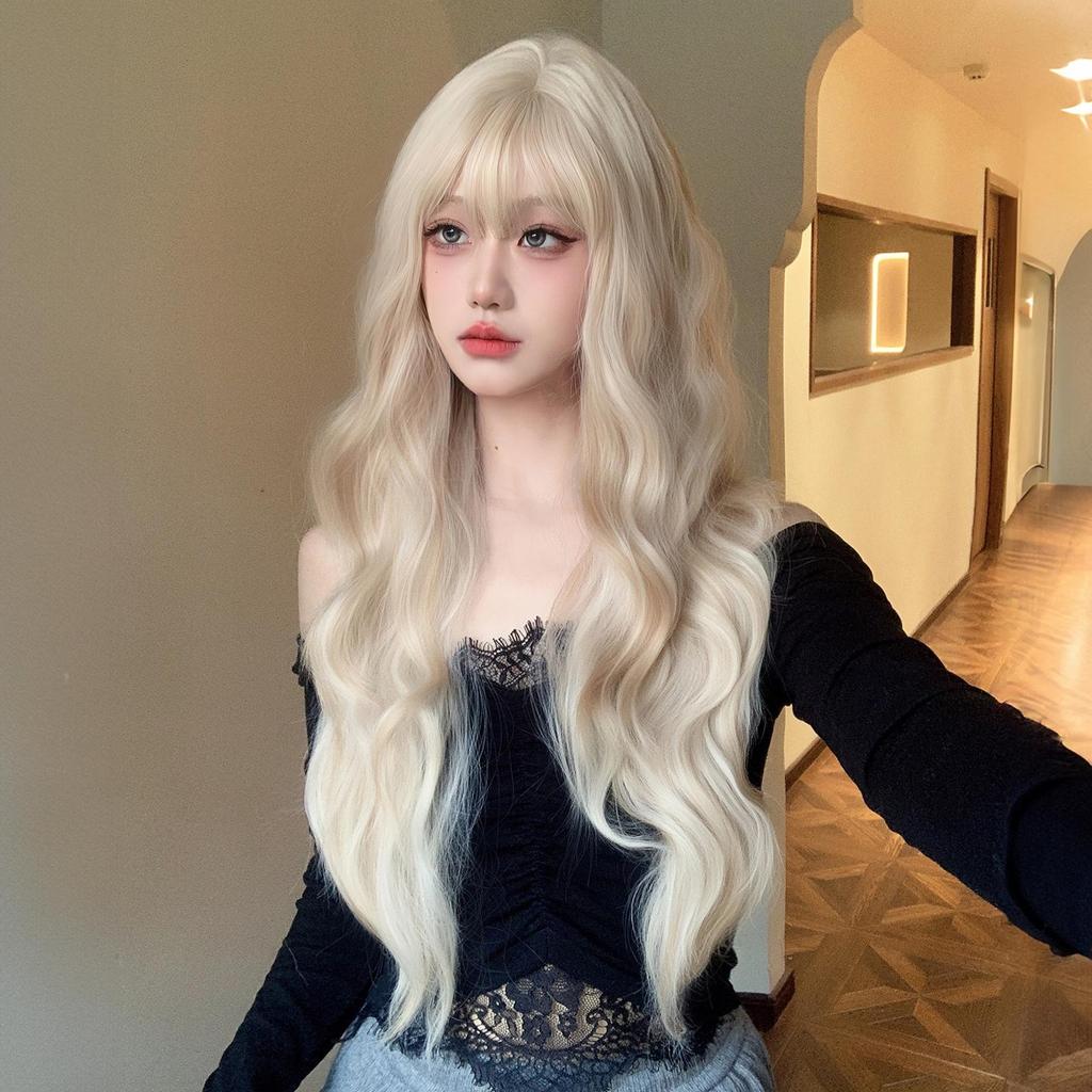 Synthetic Ombre Blonde Platinum Wigs Long Wavy Wig for Women with Bangs Party Daily Heat Resistant Fibre Hair Wigs