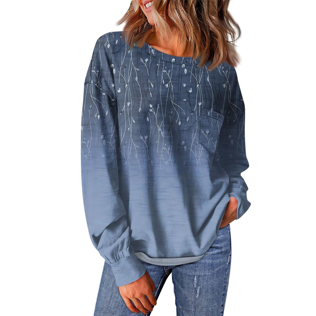 Женский повседневный свободный топ с круглым вырезом и карманами с винтажным цветочным принтом и длинными рукавами