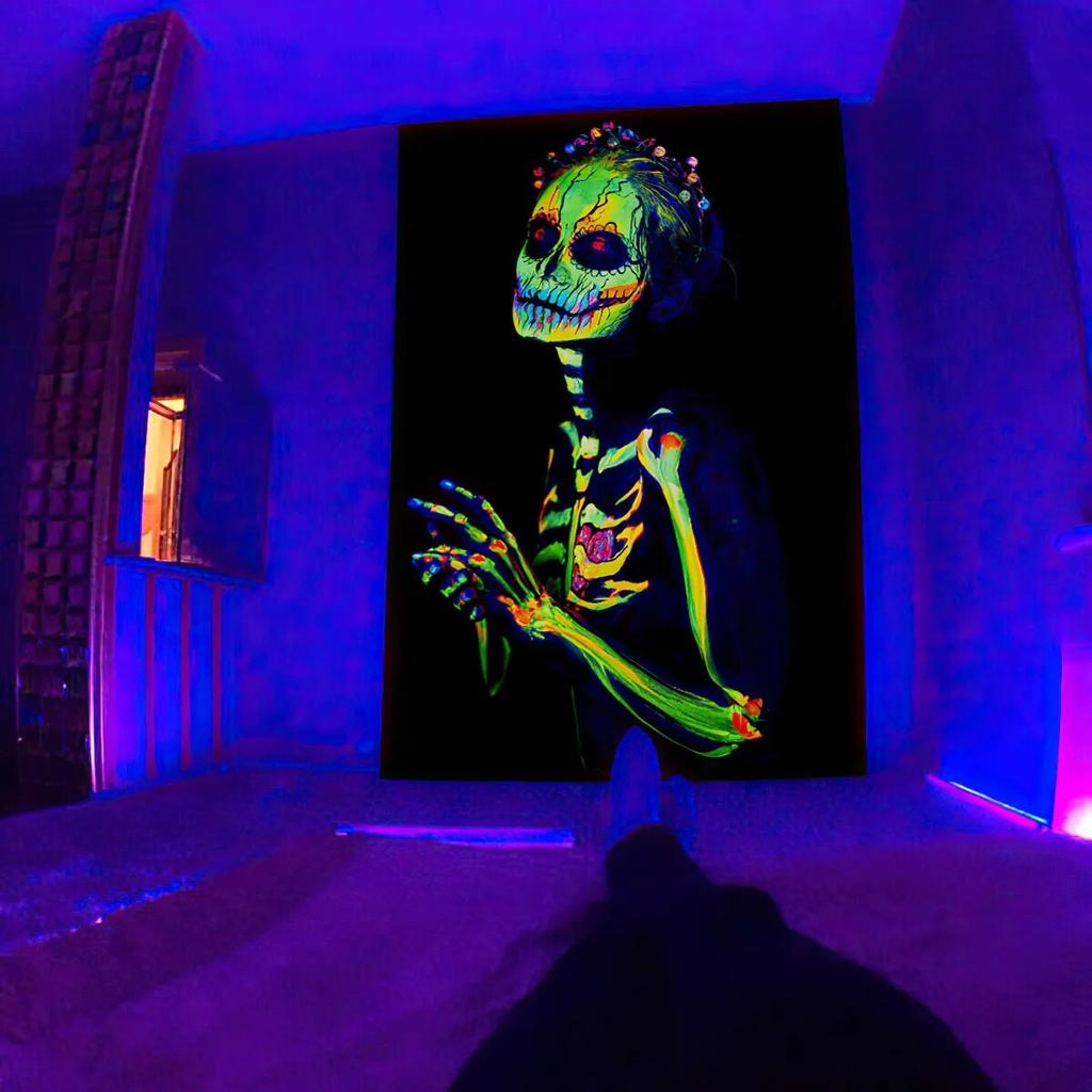 Флуоресцентный гобелен, УФ-реакция, психоделический череп, гриб, стена, хиппи, спальня, общежитие, украшение отдельной комнаты