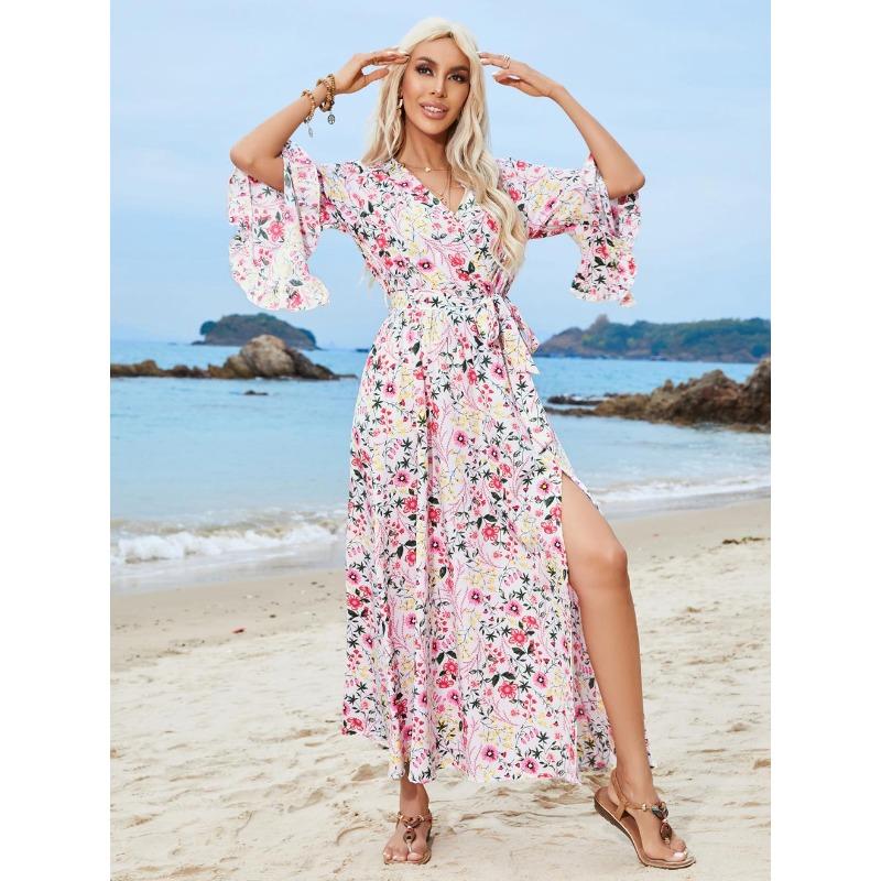 Женские летние платья с рюшами и нерегулярными рукавами и v-образным вырезом и завязками