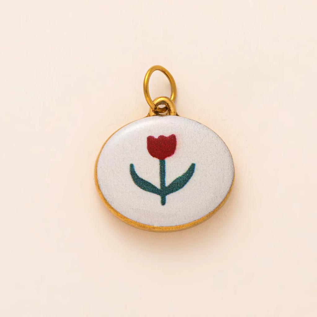 Stainless steel dopamine printed pendant DIY necklace, small flower strawberry house bow, cherry gold-plated color preservation