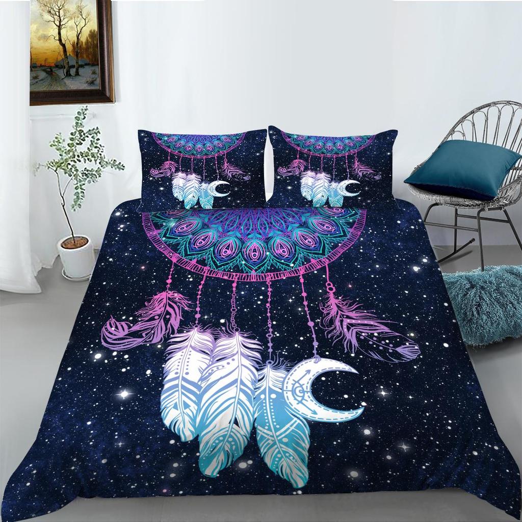 Black Background Dream Catcher Pattern Bedding Set Starry Sky Dream Catcher Quilt Cover Pillow Case 2 or 3 Pieces Soft and Comfortable Home Decoration