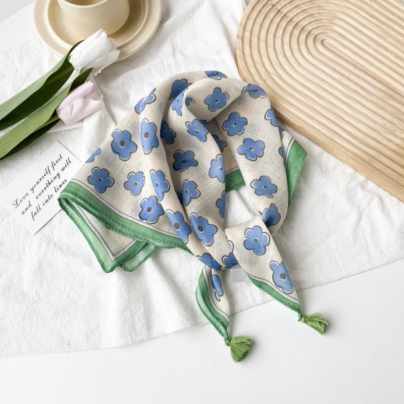 Small Fresh And Sweet Silk Scarf Square Scarf High-End Cute Style With Cotton And Linen Small Square Scarf Women'S Scarf Fringed Pendant