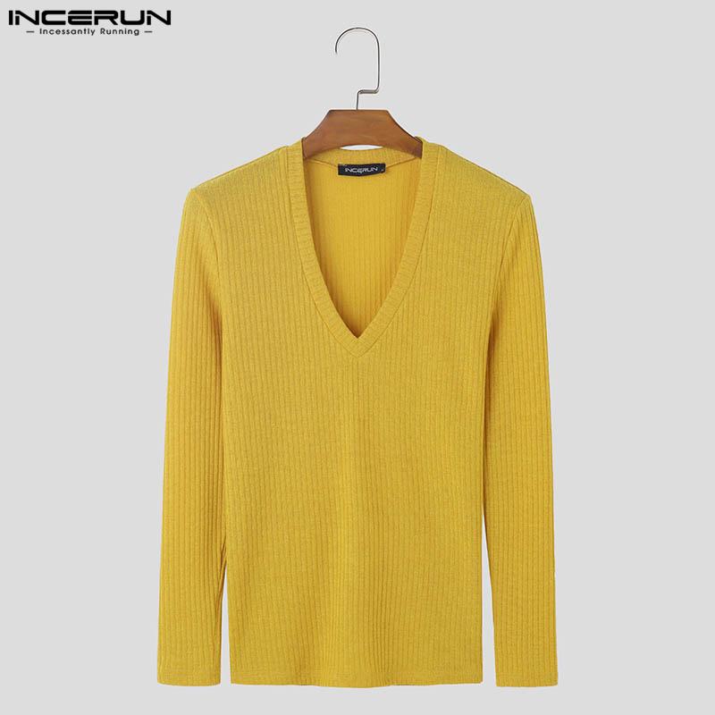 INCERUN Men V Necl Solid Color Long Sleeve Knitted Tops Muscle Fitted Pullovers