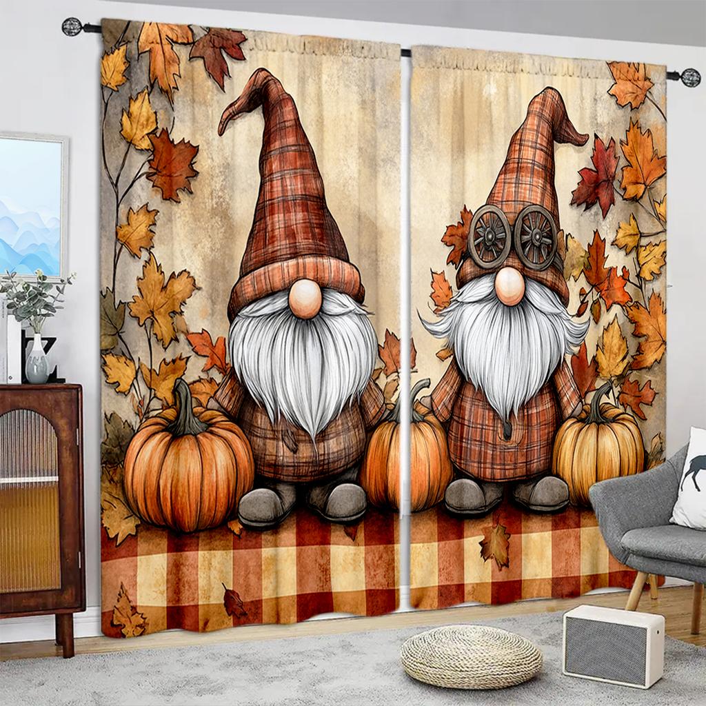 2pcs Halloween Pumpkin White Bearded Dwarf Printed Curtain for Halloween Home Decor - Rod Pocket Window Treatment for Bedroom