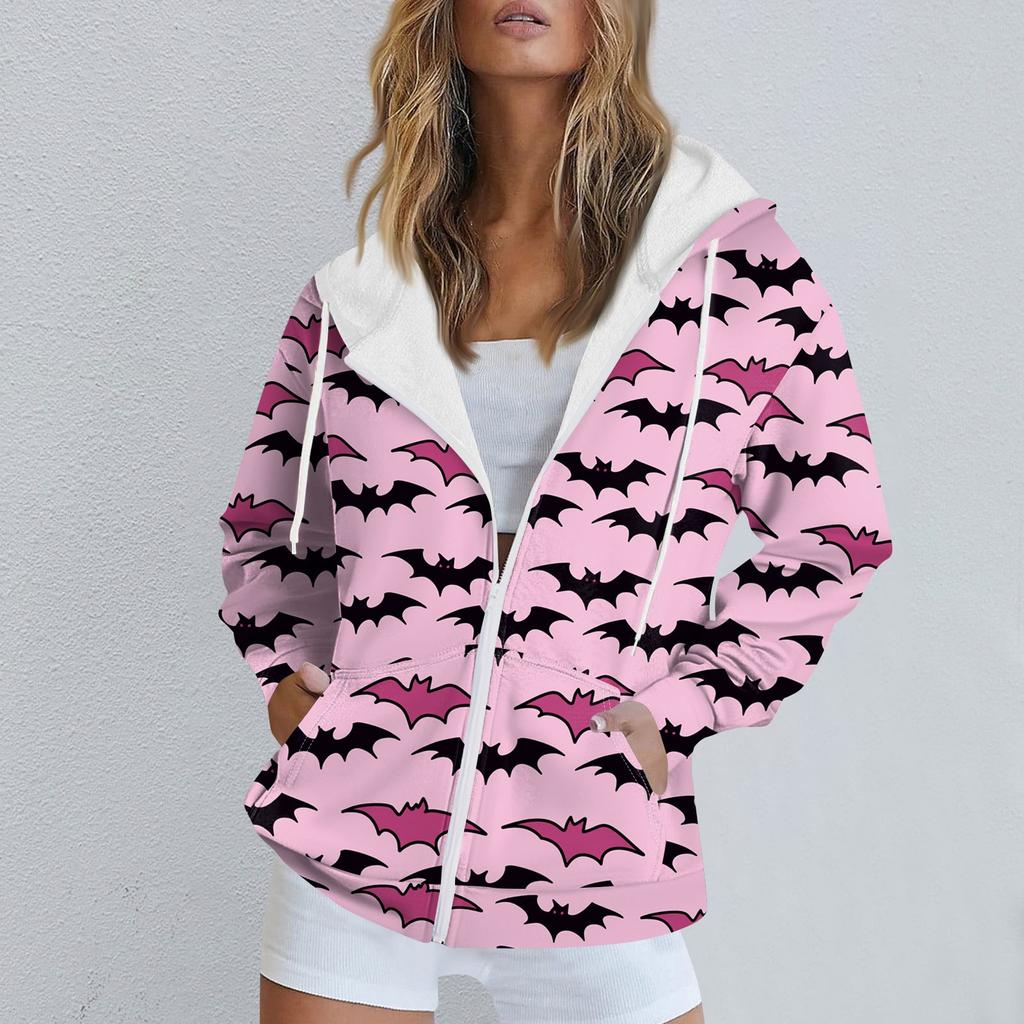 Женская повседневная спортивная одежда с принтом на Хэллоуин, осенне-зимняя куртка с капюшоном и длинными рукавами, с карманом на молнии