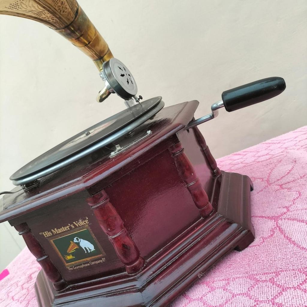 Vintage Charm Embodied: Handmade Embroidered HMV Gramophone Record Player Phonograph