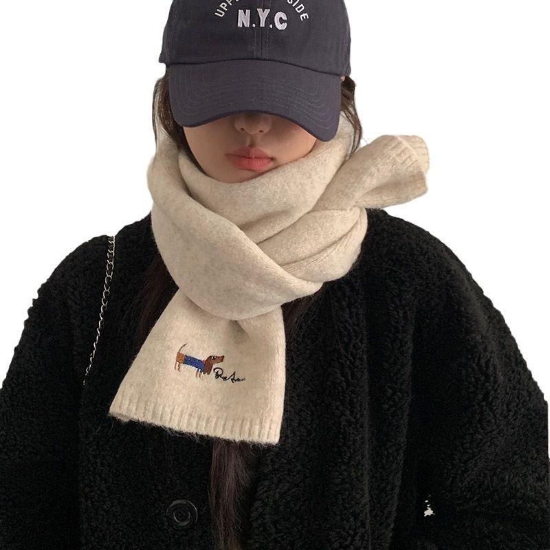 Korean Version with Wool Scarf for Women Winter New Versatile Solid Color Ins Scarf Beige Student Advanced Puppy Embroidery