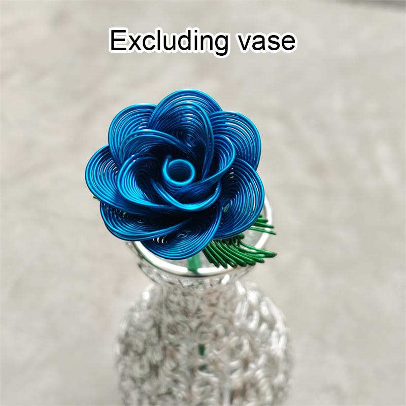 1PC Artificial Flower Couple Rose Gift Handmade Woven Rose Handicrafts Ornaments Aluminum Wire Rose Metal Model 23cm