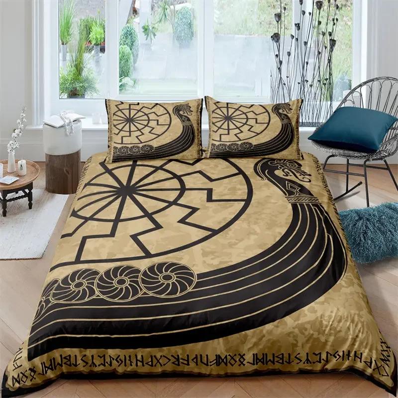 Viking Duvet Cover Set King/Queen Size Slate Blue Mjolnir Pattern Bedding Set Northern Germanic Culture Polyester Quilt Cover