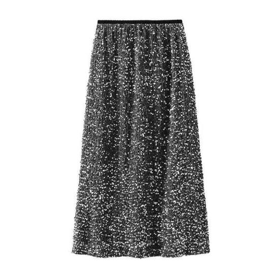 Women Skirt Solid Color Shiny Sequin Decoration Midi Skirt Elastic High Waist Back Slit Design Skirt Beach Weddings Skirt