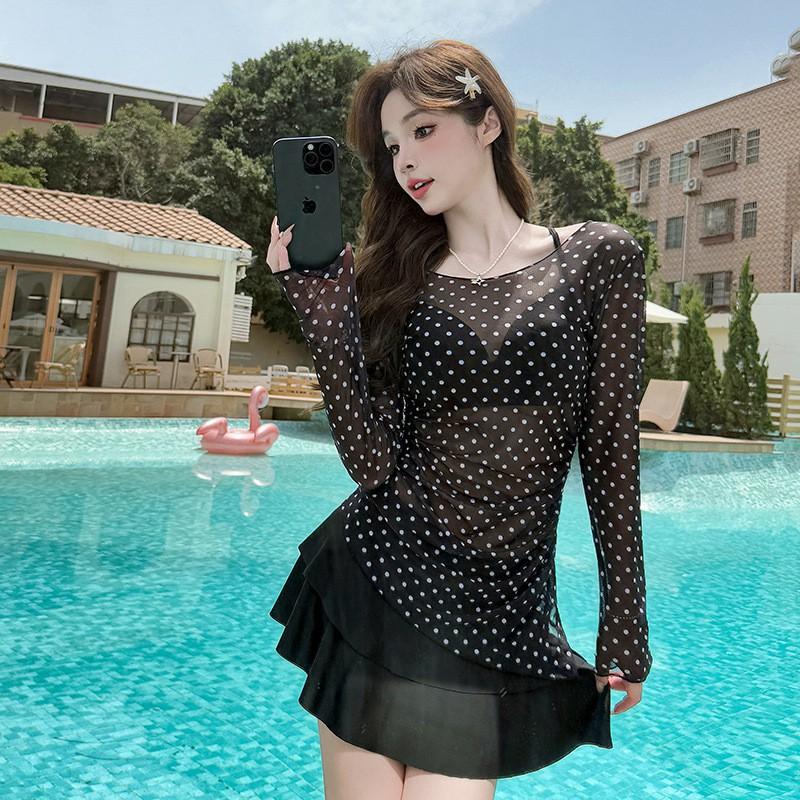 Womens 3-Piece Swimsuit Set With Long Sleeve Rash Guard Skirt Cover-Up Polka Dot Mesh Tummy Control Slimming Design