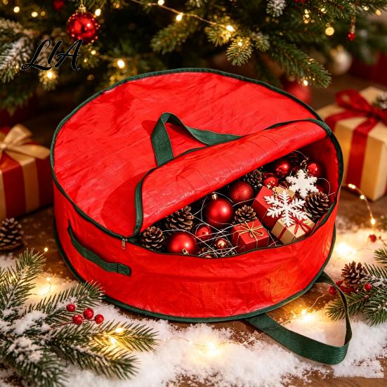 Moisture Proof Wreath Protector Round Garland Storage Bag with Reinforced Handles, Waterproof PE Fabric Zippered Holiday Decor Dustproof Organizer,