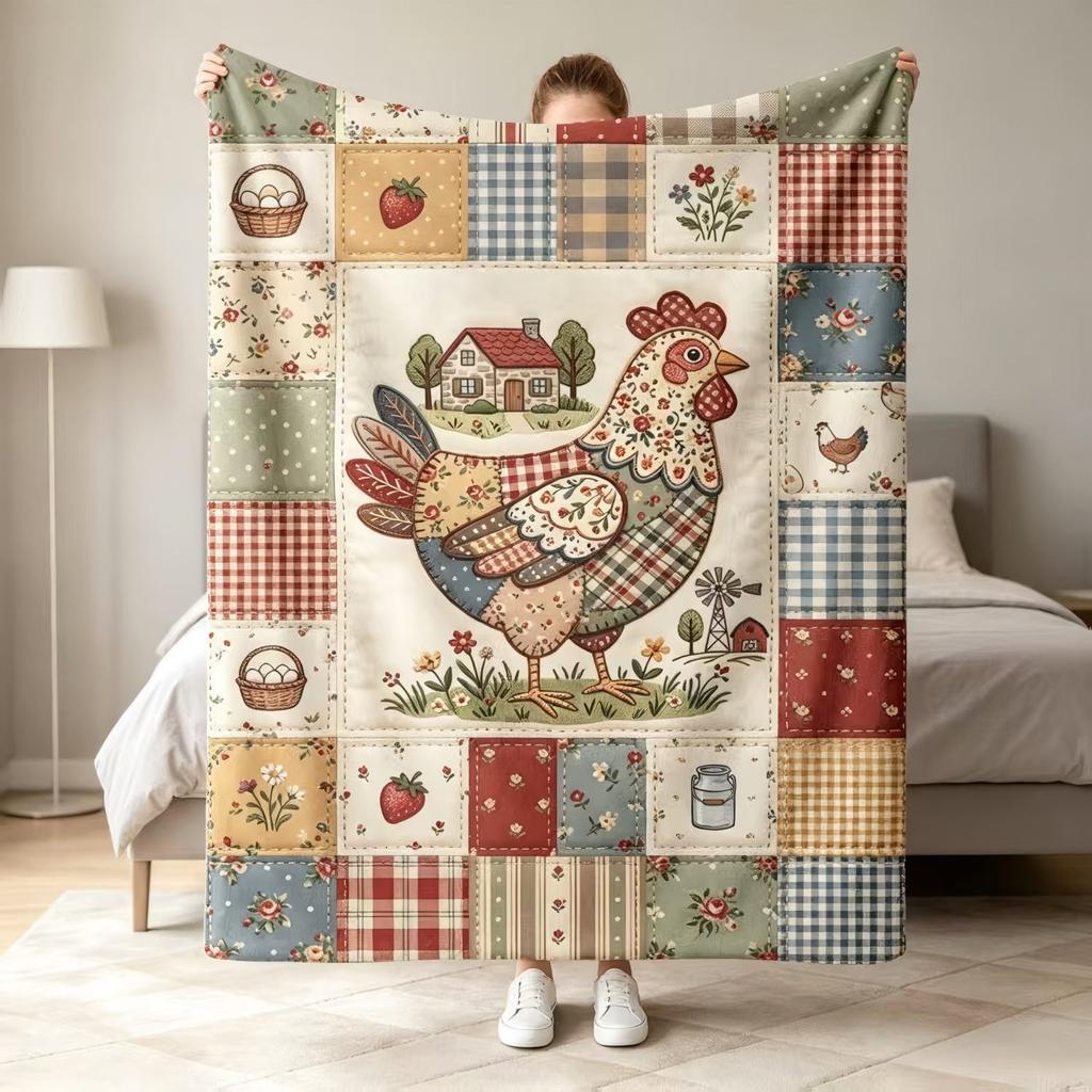 2D Flat Printing 1pc Retro Patchwork Farm Chicken Flannel Blanket, Soft Casual Warm Blanket, Multifunctional Office Blanket, Outdoor Camping Travel Bl