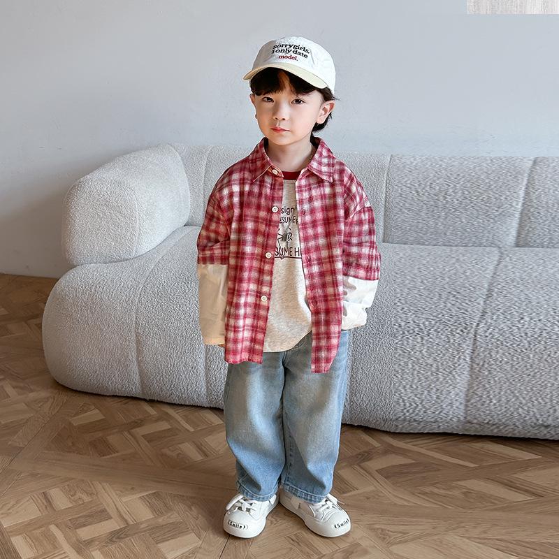 Детская рубашка с красными лацканами в клетку — в стиле колледжа, весна/осень 2025 г., комплект из двух предметов для мальчиков и девочек