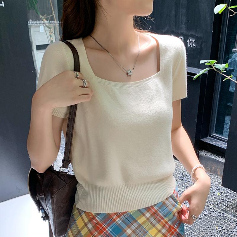 Летняя новая тонкая трикотажная футболка с коротким рукавом женская винтажная облегающая с квадратным воротником женская футболка элегантная однотонная простая женская футболка одежда 26233