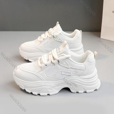 Модные весенне-осенние универсальные кроссовки для женщин, повседневная обувь на толстой вулканизированной подошве, на шнуровке, из сетки, с увеличением роста, женская обувь