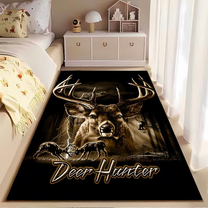Deer Hunter Design Rug with Forest Background Non-slip rug suitable for living room and bedroom sofas