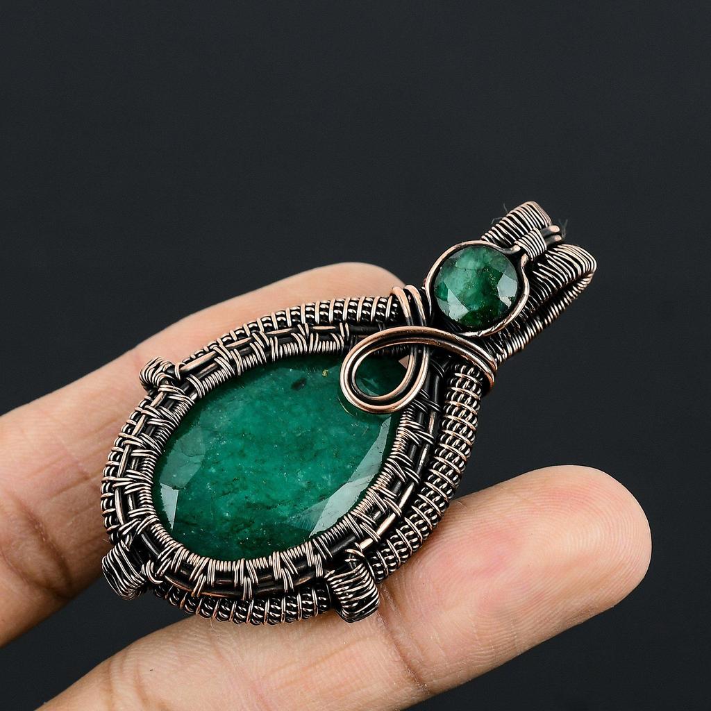 Emerald Pendant, 999 Copper Wire Wrapped Pendant Gemstone Jewelry, Handmade Pendant Amazing Jewelry, Gift For Her