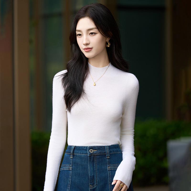 Autumn Women's Half High Neck Knitted Wool Sweater - Slim Fit, Long Sleeve, Plus Size, Elegant Top