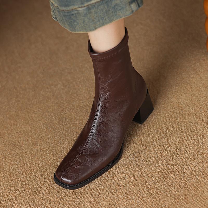Krazing Pot Microfiber Autumn Winter Shoes Thick High Heels Chelsea Boots Square Toe Keep Warm Zipper Ankle Boots