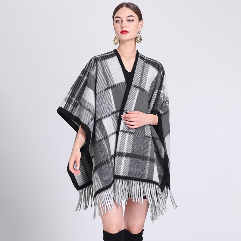 Осенне-зимняя шаль с бахромой, женская клетчатая накидка, кардиган большого размера, накидка, шарф, твидовый жакет
