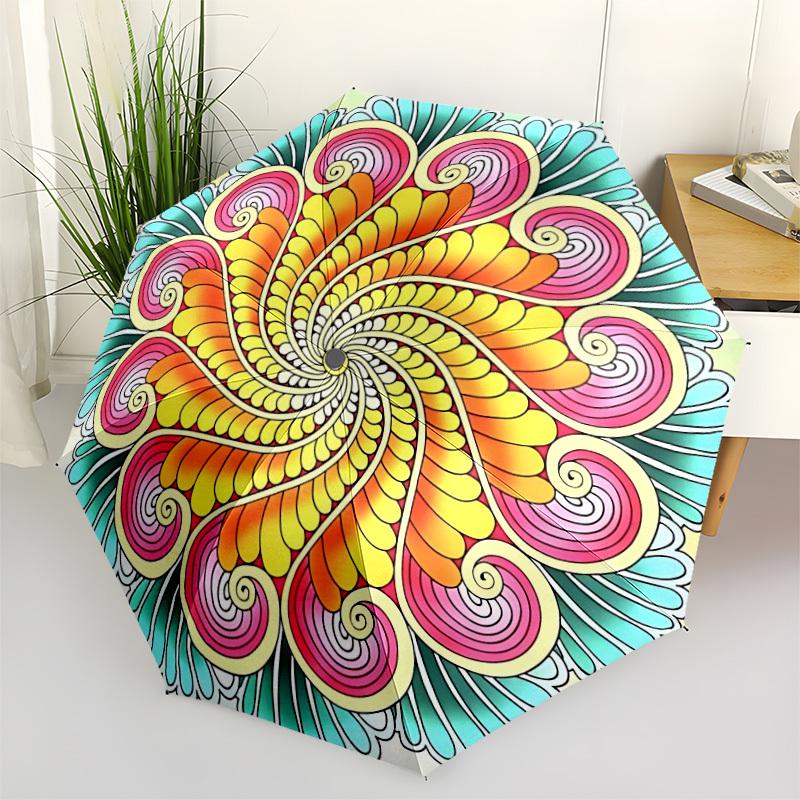 1pc Colorful Swirl Mandala Automatic Umbrella - Stylish, Durable, with 8-Rib Manual Open Design, Elegant Black Handleyy250920202