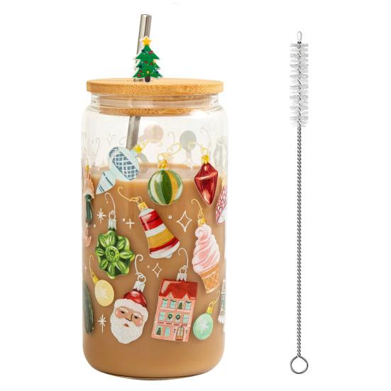 Color Changing Christmas Glass Cup with Lid Straw Brush Reusable Glass Iced Coffee Cup