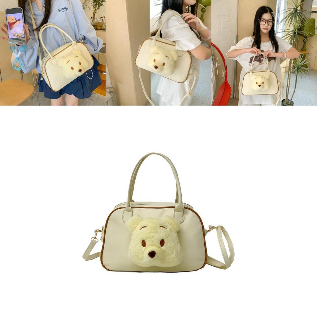 Pooh Bear Plush Doll Decoration Women Tote Bag With Transparent Compartment For Campus And Daily