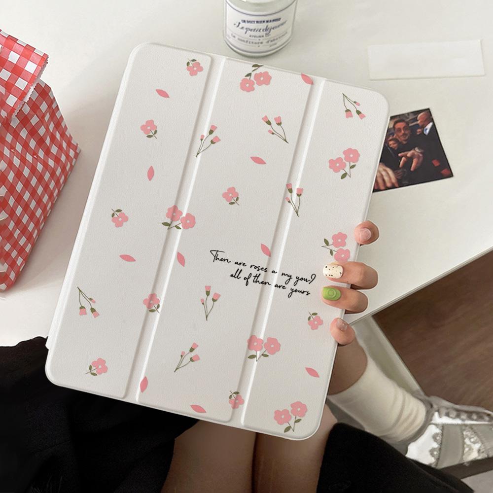 360° Rotatable TriFold for Samsung Galaxy Tab S9 S10 FE A9 A11 S7 S8 Plus Painted Cover Aesthetic Inner Printed Pink Tiny Flower
