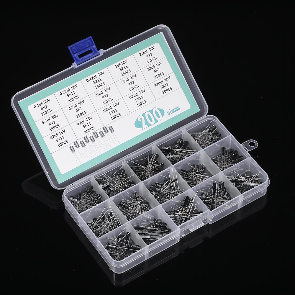 200 шт., 15 значений, комплект электролитических конденсаторов с коробкой