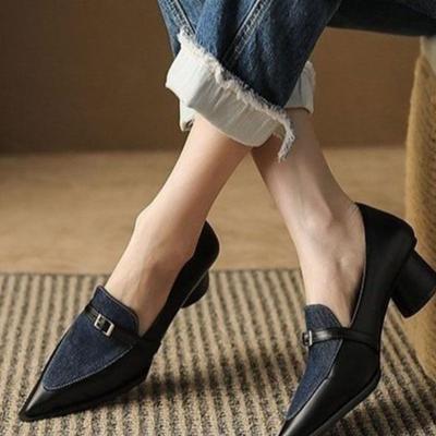 Весенние французские туфли-лодочки с острым носом, на толстом ремешке, на среднем каблуке, кожаные, с пряжкой, маленькие кожаные туфли, джинсовая расцветка, сочетание цветов, британский стиль, универсальные