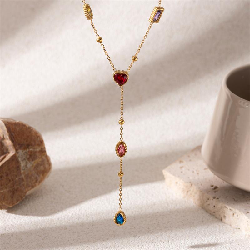 Stainless Steel Colorful Zircon Long Pendant Necklace For Women Simple Love Heart Shape Waterdrop Geometric Choker Party Jewelry