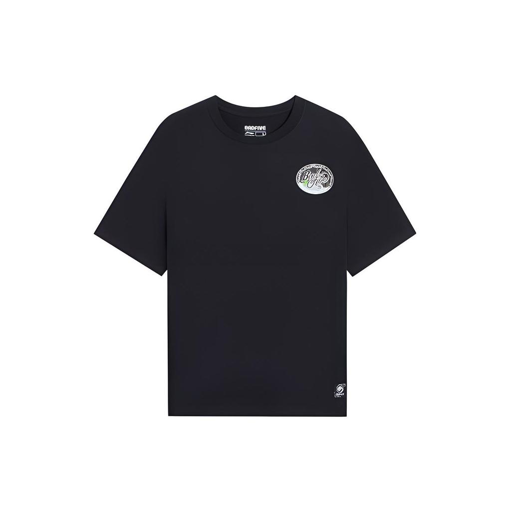 Li-Ning Sports Basketball Series Letter Print Solid Color Crew Neck Pullover Short Sleeve T-Shirt Men Tops Blue Black AHSS739-2