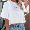 Женские модные повседневные летние весенние однотонные блузки и рубашки с короткими рукавами и круглым вырезом с принтом