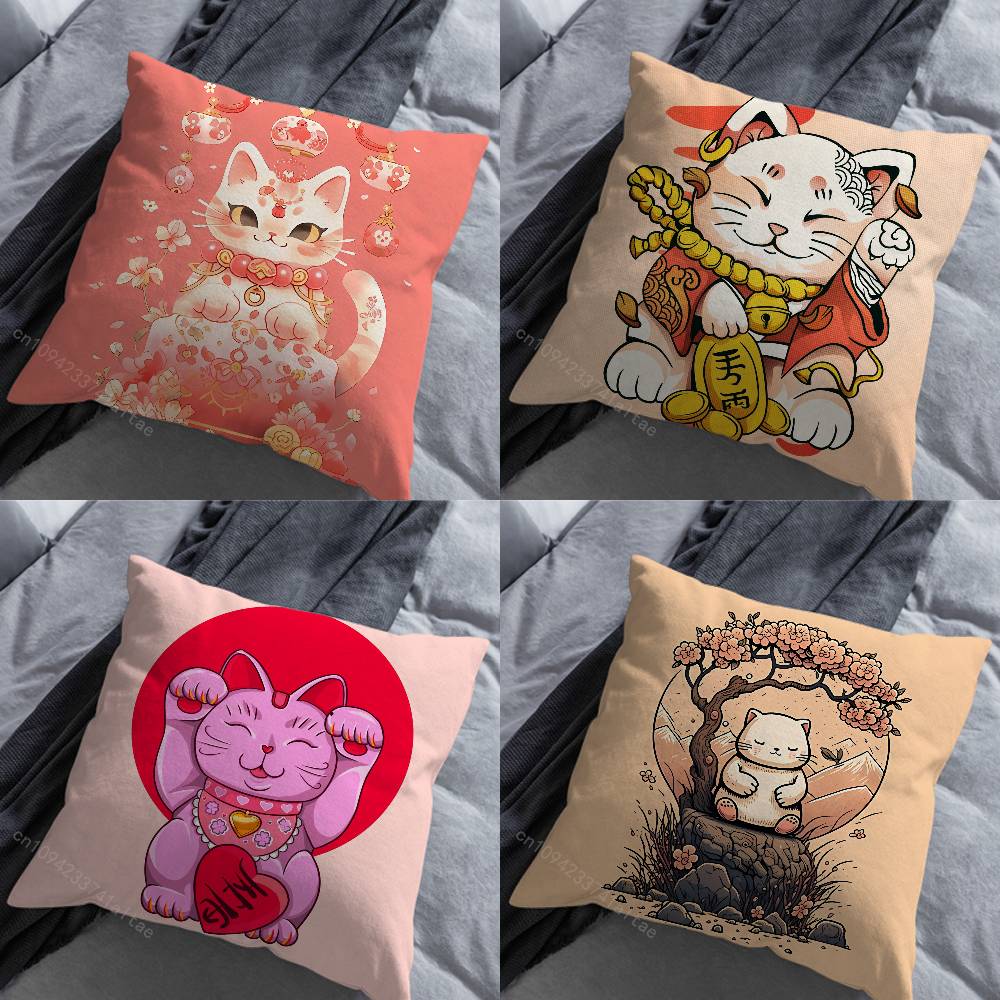 Cute Cartoon Lucky Cat Throw Pillow Case Living Room Sofa Cushion Cover For Home Bedroom Decoration Protector