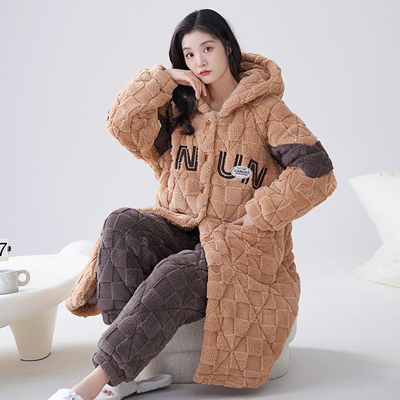 2023 Женская ночная рубашка из кораллового флиса: Плотный бархат с подкладкой, осенне-зимний, универсальный костюм для дома и улицы