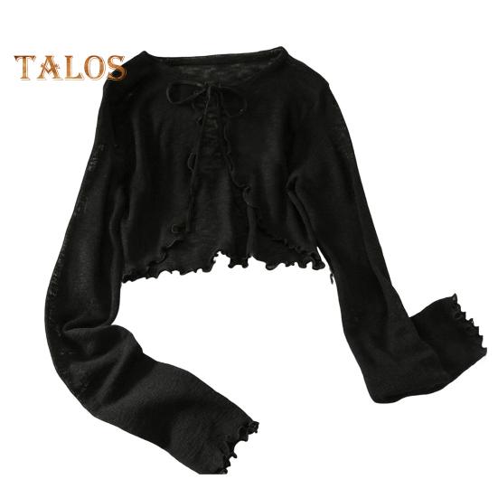 Солнцезащитный трикотажный кардиган для женщин с завязками спереди, длинными рукавами, прозрачной сеткой, пляжной накидкой с оборками и тонкими рубашками с защитой от ультрафиолета