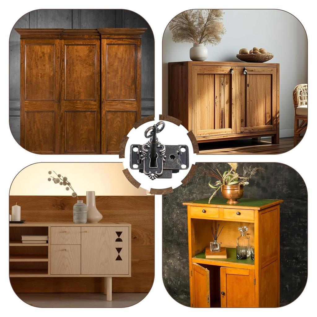 Pack of 2 Vintage Skeletons Key Lock Antique Zinc Alloy Cabinet Lock Without Mortise Designs for Decorative Furniture