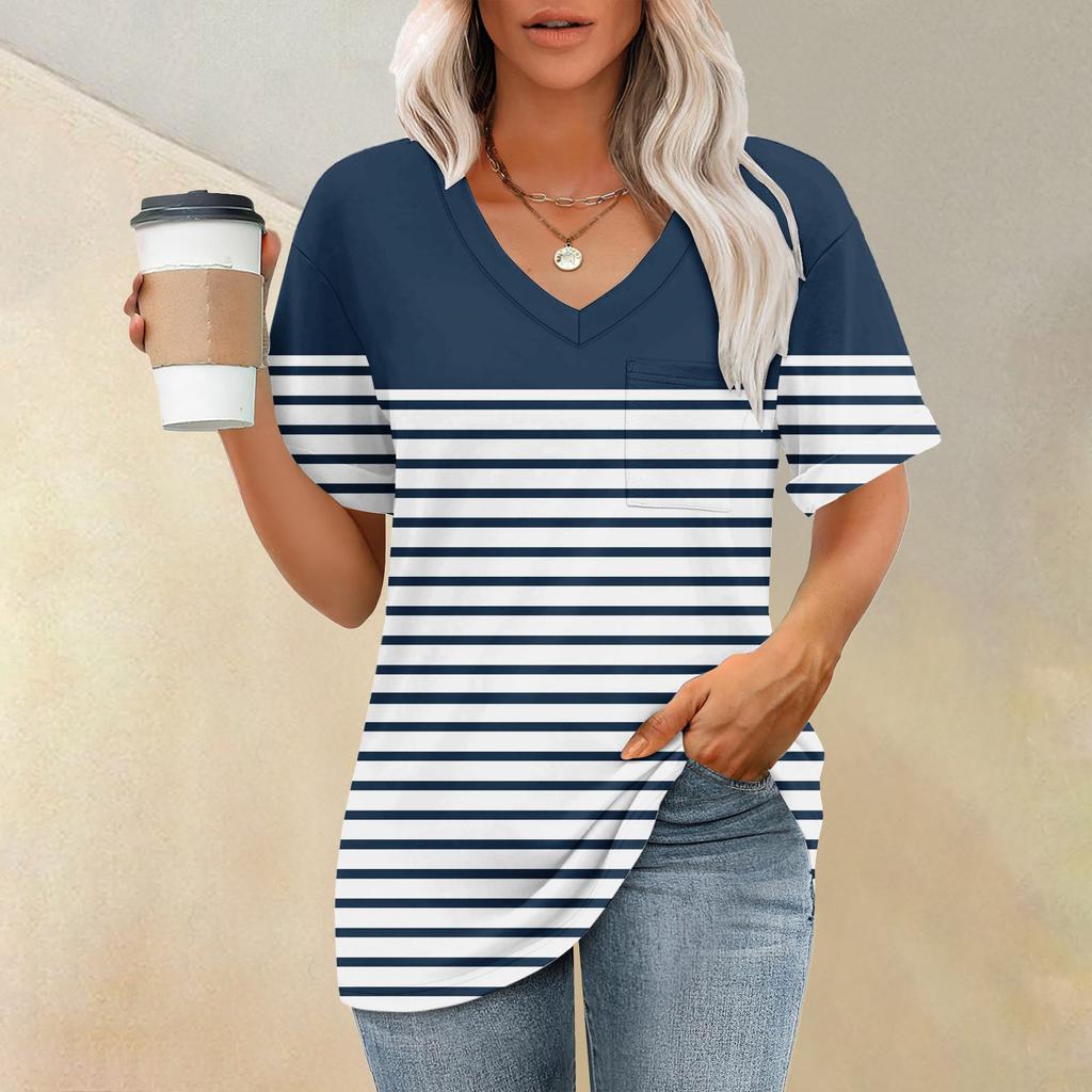 Модный топ с карманом, V-образным вырезом, коротким рукавом, полосатым принтом, футболка