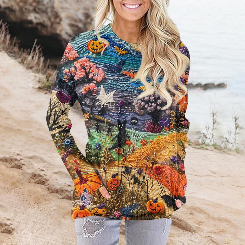 Женская модная повседневная футболка с круглым вырезом и принтом, длинными рукавами и карманами