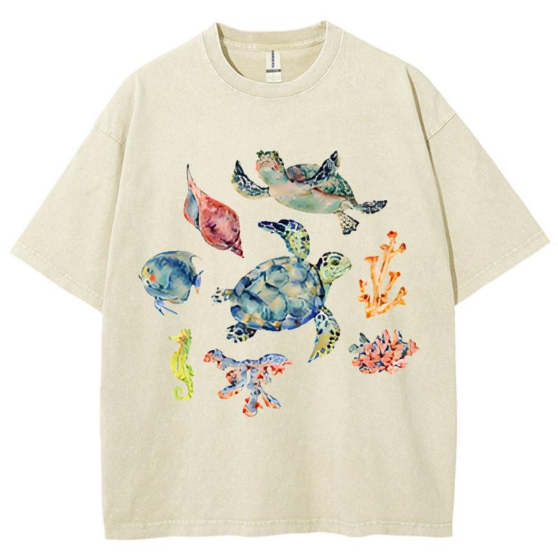 Turtle Seahorse Print Vintage Distressed T-Shirt Unisex Loose Short Sleeve Oversized Cotton Crew Neck Top Pullover